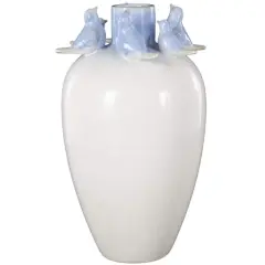 15" White with Blue Bird Accents Ceramic Decorative Vase