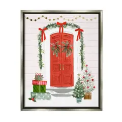 Stupell Industries Red Jolly Christmas Doorway Gold Framed Floater Canvas Wall Art Gray