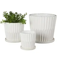 White Double Ribbed Textured Ceramic Planter Set