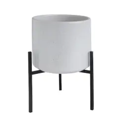 Hello Honey&reg; 8" White Stoneware Flower Pot with Black Metal Stand