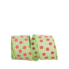JAM Paper 2.5" x 10yd. Lime Dots & Fuchsia Gingham Check Wired Ribbon