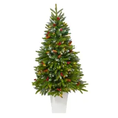 4.5ft. Pre-Lit Snow Tipped Portland Spruce Artificial Christmas Tree in White Metal Planter, Clear LED Lights 