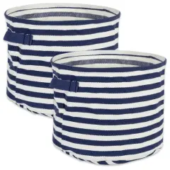 DII&reg; Small French Blue & White Round Herringbone Striped PE-Coated Cotton Laundry Bins, 2ct.