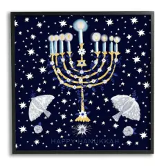 Stupell Industries Happy Hanukkah Starry Menorah Framed Giclee Art Black