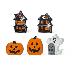 Glitzhome&reg; Halloween Wooden Haunted House, Pumpkin & Ghost Table Block Set