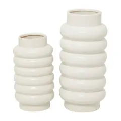 CosmoLiving by Cosmopolitan White Ceramic Vase with Ring Ribbing Set of 2 16", 12"