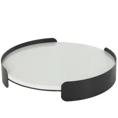 15.75" White Marble Round Living Room D&eacute;cor Tray with Black Metal Frame