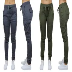 Galaxy By Harvic Loose Fit Cotton Stretch Twill Women's Cargo Joggers 2 Pack Grey/Olive