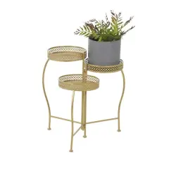 20" Gold Metal Curved Folding 3 Tier Plantstand with Floral & Scroll Patterns