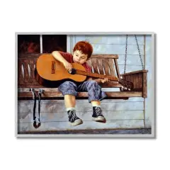 Stupell Industries Boy Strumming Guitar Front Porch Wall Art in Gray Frame