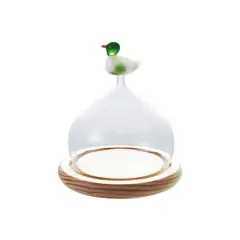 Hello Honey Glass Cloche with Wood Base and Duck Topper, Multicolor and Natural