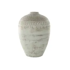 15.25" Green Ceramic Handmade Antique Style Decorative Vase with Geometric Tribal Carvings