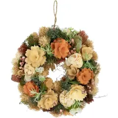 9.75" Beige & Peach Mixed Floral Artificial Spring Wreath
