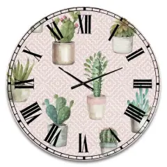 Designart 'Potted Cactus On Pink Geometrical Pattern Traditional Wall Clock