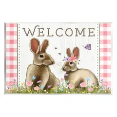 Stupell Industries Welcome Plaid Spring Garden Rabbits Wall Plaque Art