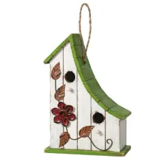 Glitzhome&reg; 13" White Distressed Wood Birdhouse with Green Roof
