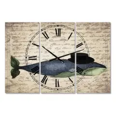 Designart Old Style Whale With Hat Oversized Nautical & Coastal 3 Panel Wall Clock
