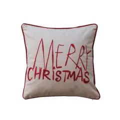 Hello Honey&reg; 18" x 18" Square Natural & Red Merry Christmas Cotton Printed Pillow with Embroidery, Corduroy Back & Piping