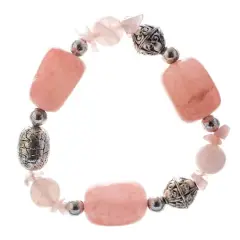 John Bead Rose Quartz Stretch Bracelet with Silver Filigree Beads