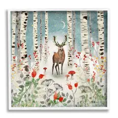 Stupell Industries Deer In Nighttime Birch Forest Black Framed Giclee Art White