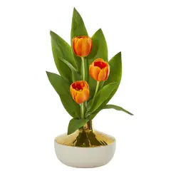18" Tulip Arrangement In Gold & Cream Elegant Vase Orange