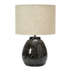 Hello Honey&reg; 22" Black and White Dotted Stoneware Table Lamp with Linen Shade
