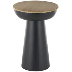 21" Black Metal Pedestal Accent Table with Brown Wood Tabletop