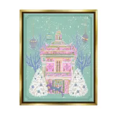 Stupell Industries Pink Ornate Christmas Building Gold Framed Floater Canvas Wall Art