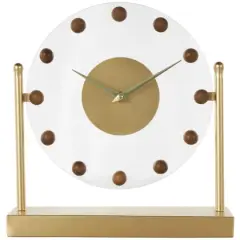 11.5" Gold Metal & Acrylic Face Decorative Clock with Wood Ball Accents