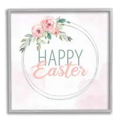 Stupell Industries Happy Easter Round Floral Border Pastel Pink Design Framed Giclee Art Gray