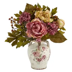 16'' Pink & Yellow Peony Arrangement in Flower Print Jar