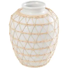 14" White Ceramic Handmade Vase with Woven Rattan Exterior