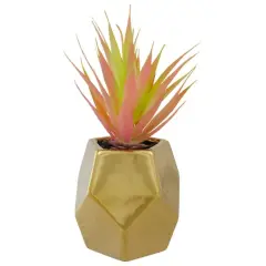 8" Green & Pink Sword Grass in Gold Geometric Pot