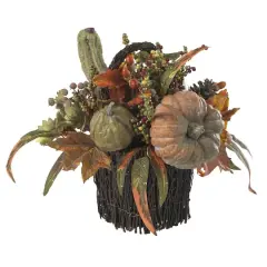 15" Green Fall Pumpkin & Berry Table Arrangement in Twig Base