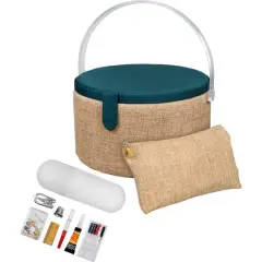 SINGER&reg; Large Burlap Fabric Premium Round Sewing Basket with Travel Sewing Kit