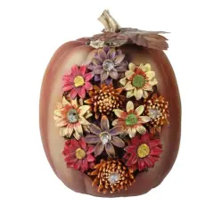 7.75" Brown & Red LED Floral Pumpkin Tabletop D&eacute;cor
