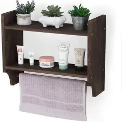 2-Tier Wood Wall Mounted Bathroom Shelf with Towel Rack Brown