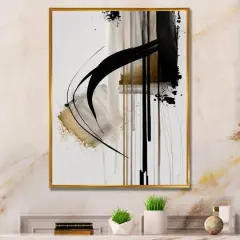 Designart 'Black, White And Gold Expression I' Modern Framed Canvas Wall Art Thin Gold