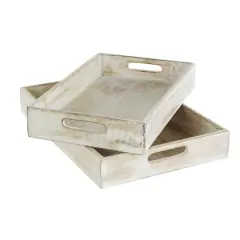 Whitewashed Carved Mandala Mango Wood Tray Set