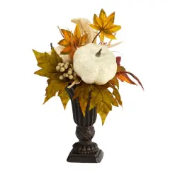 13" Pumpkin And Berries Autumn Arrangement In Decorative Urn
