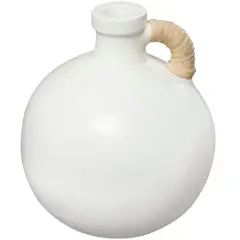 11" White Ceramic Jug Inspired Vase with Rattan Wrapped Handle