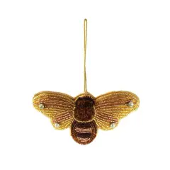 Hello Honey&reg; 4.5" Brown & Gold Beaded Bee Fabric & Glass Ornament