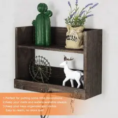 Rustic Wood Floating Storage Shelf with 3 Hooks Brown