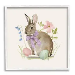 Stupell Industries Spring Bunny Rabbit Easter Eggs Blossoming Flowers Framed Giclee Art White