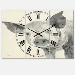 Designart 'Piglet Farmhouse Animal In Black And White Farmhouse Multipanel Wall Clock