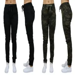 Galaxy By Harvic Loose Fit Cotton Stretch Twill Women's Cargo Joggers 2 Pack Black/Camouflage