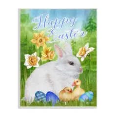 Stupell Industries Happy Easter Spring Bunny Rabbit Phrase Baby Chicks Wall Plaque Art