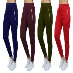 Galaxy by Harvic Women's Relaxed-Fit Fleece-Lined Jogger Sweatpants with Zipper Pockets 4 Pack Navy/Burgundy/Olive/Red