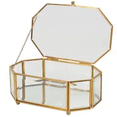 Home Details Large Gold Vintage Mirrored Bottom Octagonal Glass Keepsake Box