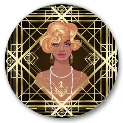 Designart - Retro Women In Golden Art Deco Geometrics III - Modern Metal Circle Wall Art